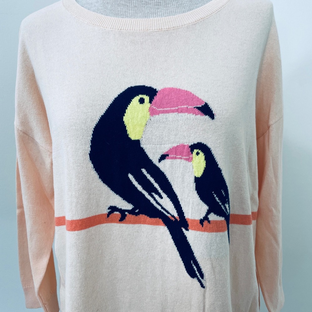 LOFT Peach Toucan Bird Graphic Cotton Knit Sweater Women's Medium NEW - Picture 2 of 8